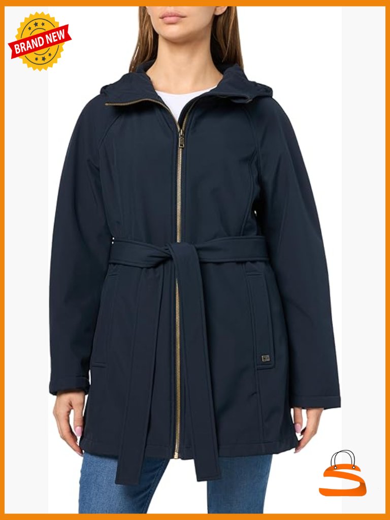 Belted Hooded Softshell Raincoat, Zip Front Casual Jacket For Women